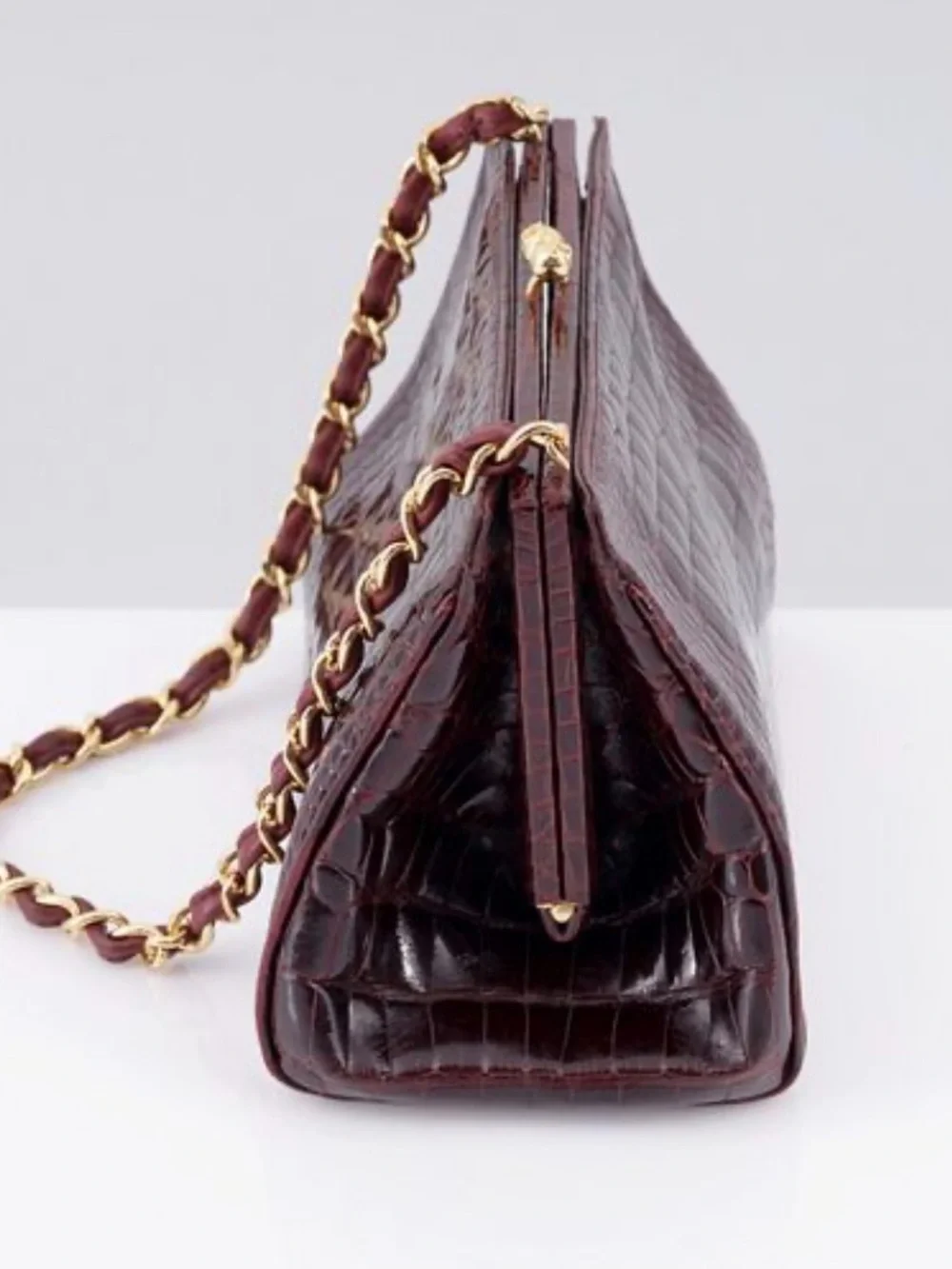 Chanel Vintage Bordeaux Crocodile Kisslock Evening Bag